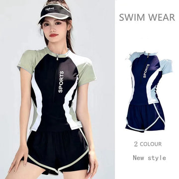 Fashion Women's Swimming Suit Ladies Patchwork Short Sleeve Swimwear 2023 Sports Pool Beachwear Two Piece Swimsuit With Shorts