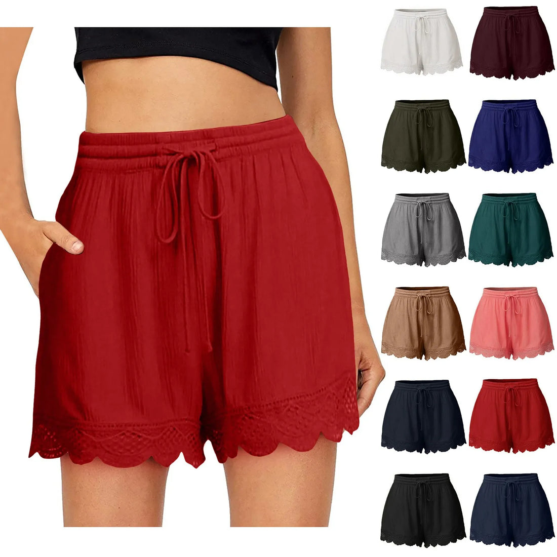 Shorts For Women Ruffle Hem Casual Shorts Plus Size Drawstring  Lace Shorts