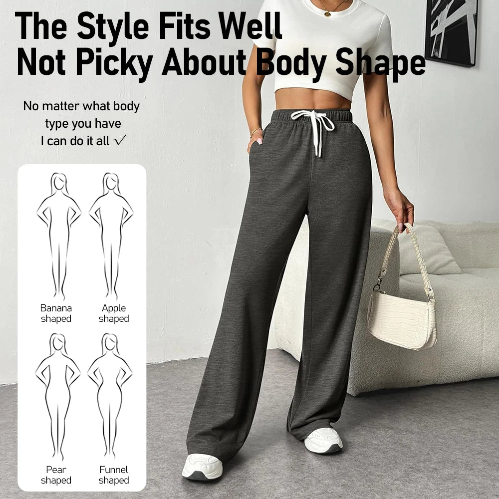 Women'S Wide-Leg Sports Pants High-Waisted Loose Casual Drawstring Fitness Pants With Pockets