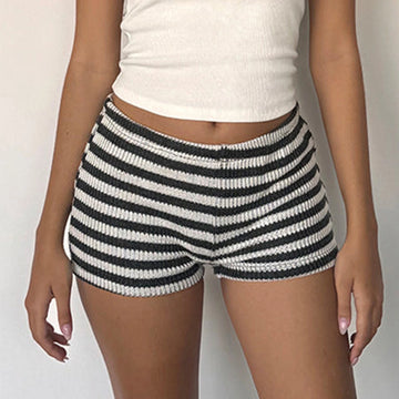 Summer Skinny Shorts Women's Stripe Print Knit Shorts Elastic Waist Low Rise Slim Fit Straight Leg Beach Short Pants Streetwear
