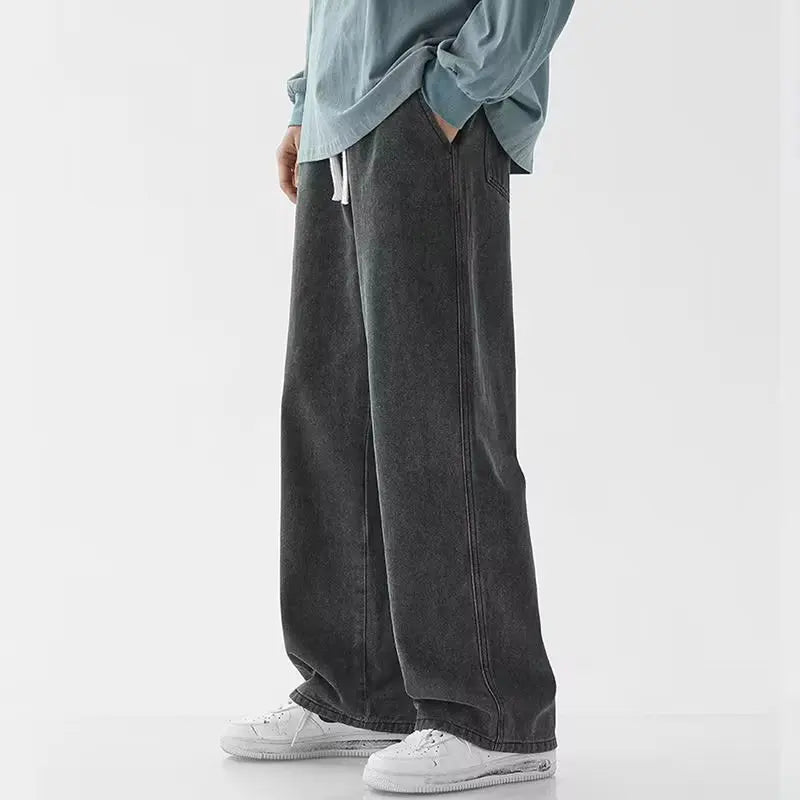 Korean Solid Colors Men's Casual Long Jeans Classic Man Four Seasons Straight Denim Wide-leg Pants Light Blue Grey Black S-3XL