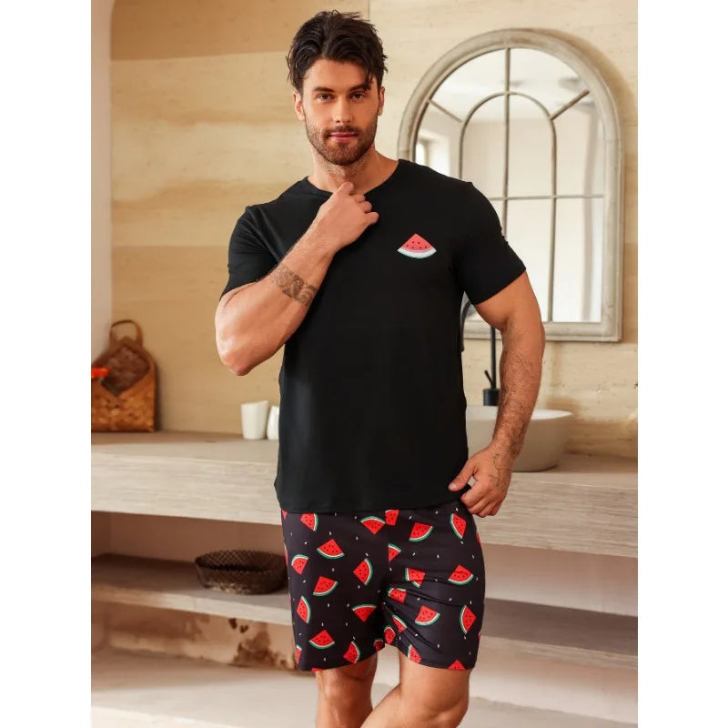 Plus Size Pajama Set Spring Summer Men's Short Sleeve Shorts Loose Breathable Black Crew Neck Top Shorts Loungewear 2 Piece Set