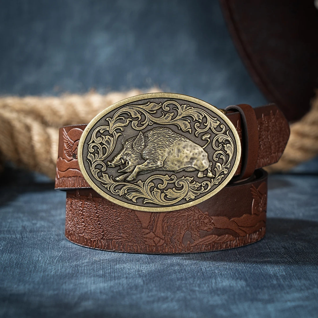 Men & Women-Western-Cowboy-PU Leather-Belts - Vintage Belt Floral Engraved Buckle Belt for Jeans