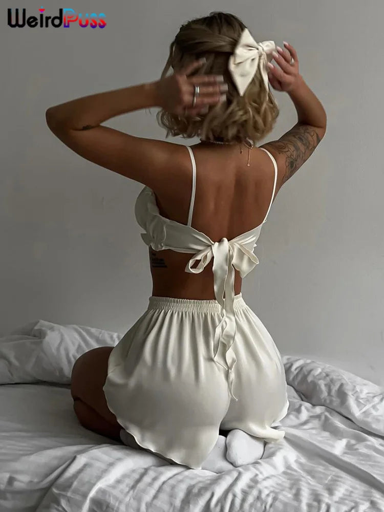 Weird Puss Silky Elegant Women 2 Piece Set Casual Sleeveless Ruffles Camisole+Button Shorts Matching Streetwear Casual Outfits
