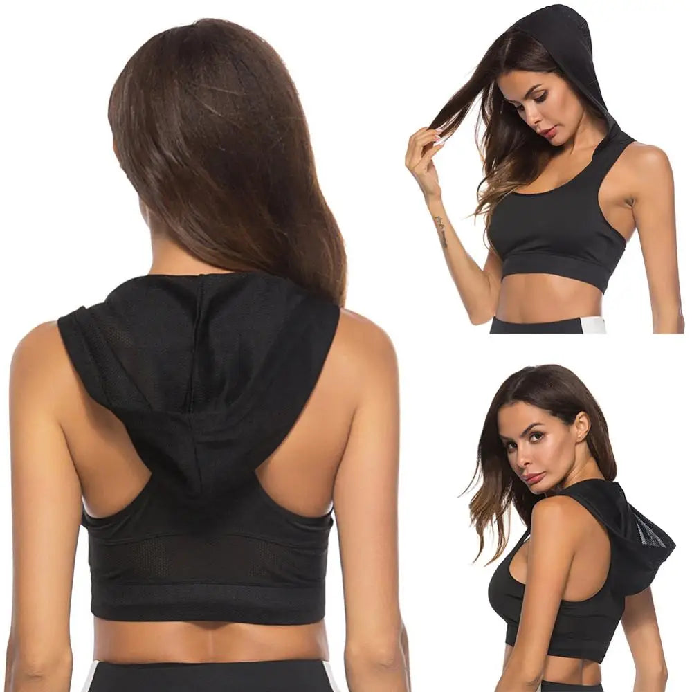Sports Bra Quick Dry Fitness Elastic Vest Women Racerback Yoga Hooded Crop Top