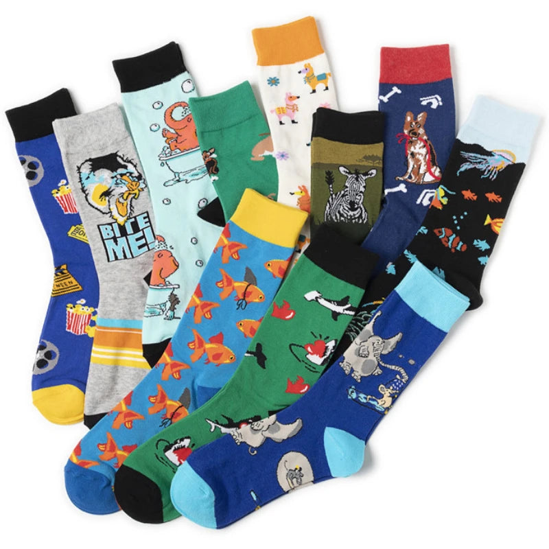 Happy Funny Socks Men Cartoon Dog Fish Zebra Elephant Pattern Personality Cool Crew Socks Street Fashion