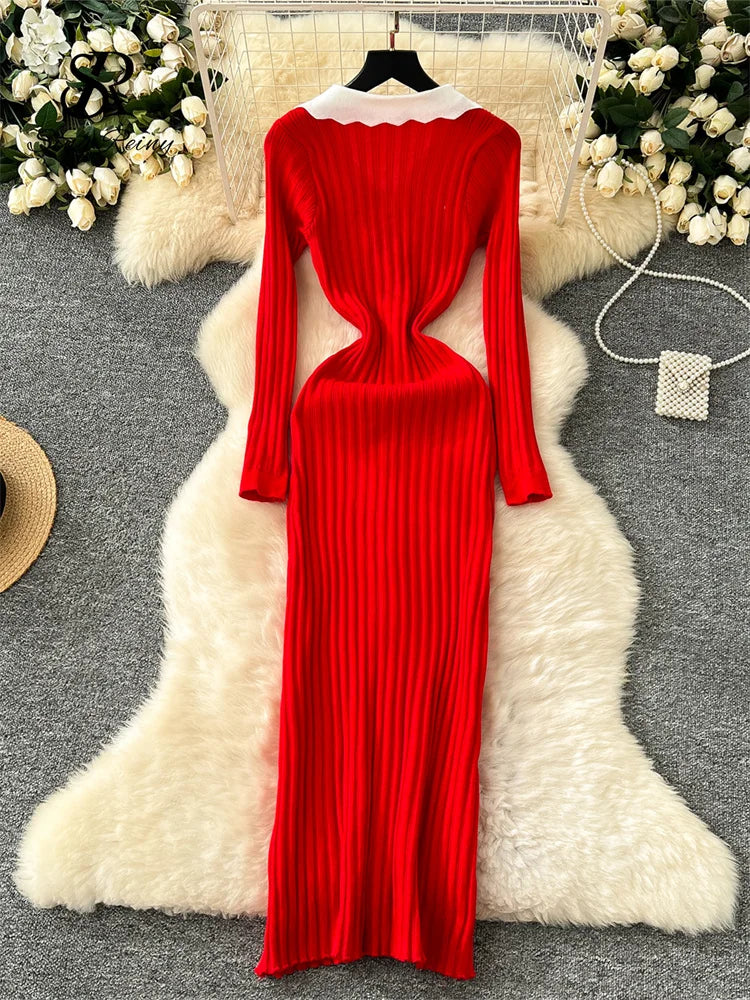 SINGREINY Autumn Office Lady Long Dress Christmas Style Women Lapel Neck Solid Elastic Waist Winter Bodycon Pleated Warm Dress