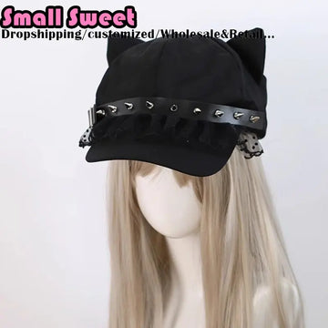 Ladies Ruffle Lace Cap Y2K Japanese Hat Women's Caps Punk Gothic Lolita Beret Hats Spike Cap for Girls Women's Summer Beret Hats