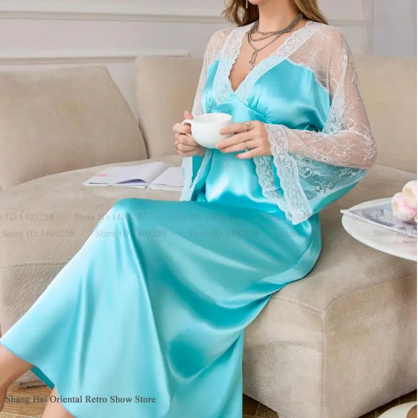 Elegant Long Sleepdress Silky Satin Women Nightgown Loungewear Sexy Perspective Lace Sleeves Nightdress Sleepwear Loose Homewear