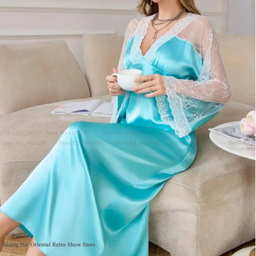 Elegant Long Sleepdress Silky Satin Women Nightgown Loungewear Sexy Perspective Lace Sleeves Nightdress Sleepwear Loose Homewear