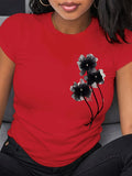 Women's Casual T-Shirt - Black Floral Print Short Sleeve Crew Neck Top Lightweight Breathable Fabric Ladies T Shirts - OneLoveCanada