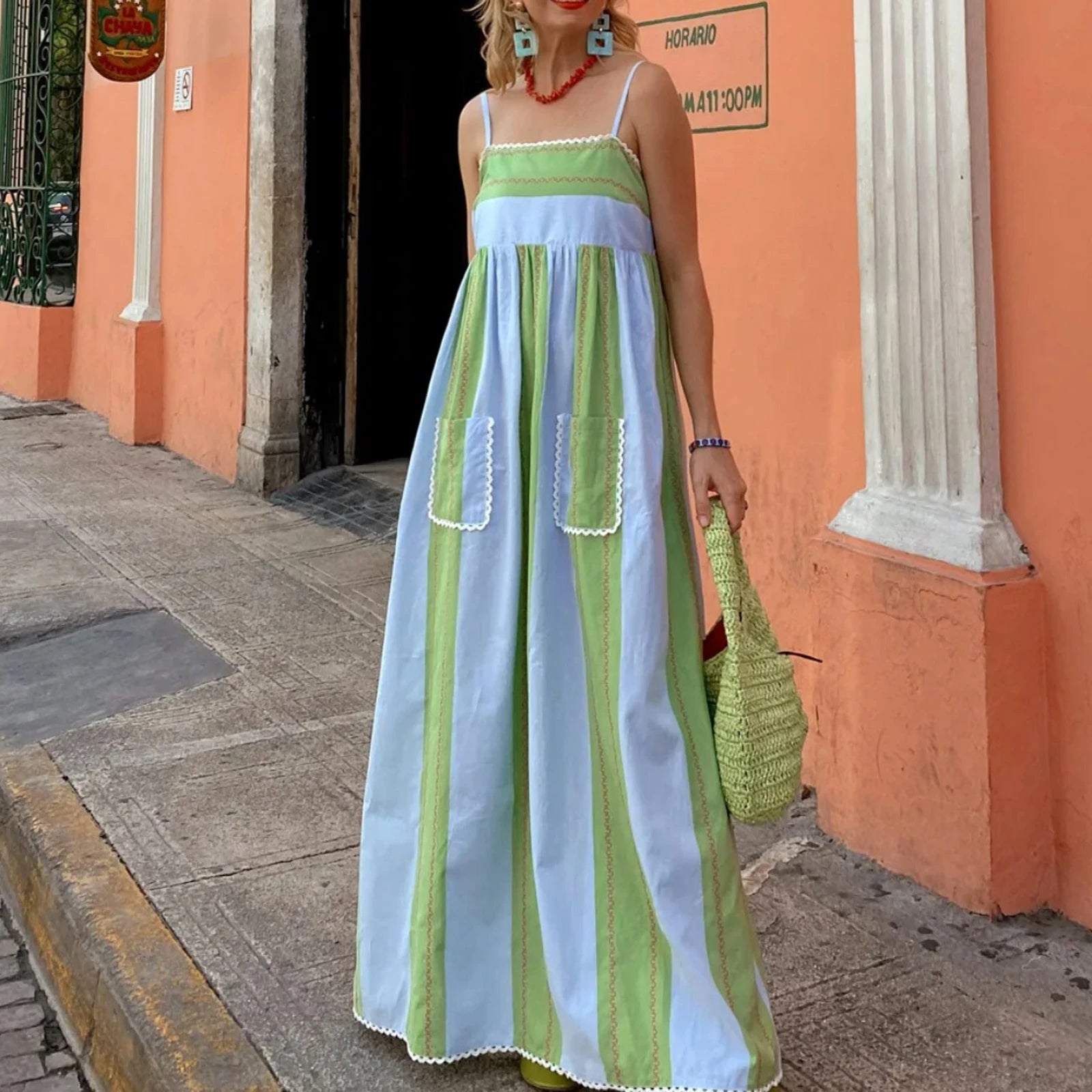 Combhasaki Women Summer Striped Adjustable Thin Spaghetti Straps Ric-Rac Trim Flowy Beachwear A-line Slip Cami Pocket Long Dress
