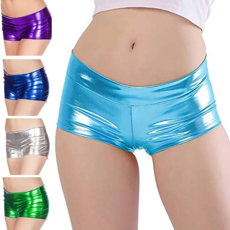 Women's Shining Metallic Booty Shorts Low Waist Dance Bottoms Faux Leather Hot Pants Dance Festival Costumes