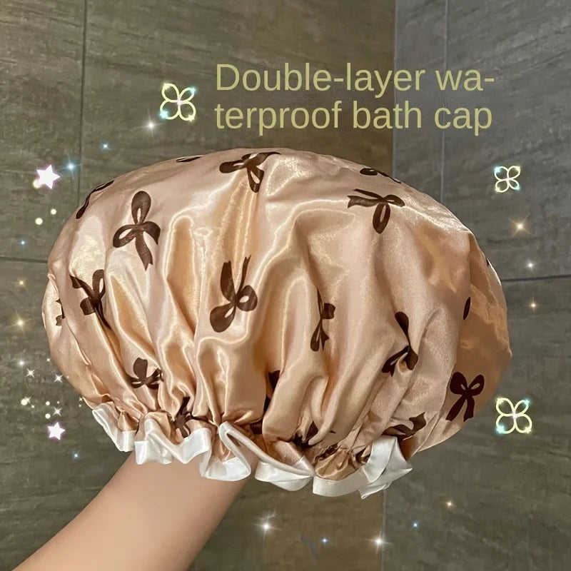 1pc Double Layer Shower Caps, Printed Bonnet, Waterproof Bath Caps Reusable Shower Caps Hair Hat For Women Ladies Spa Salon