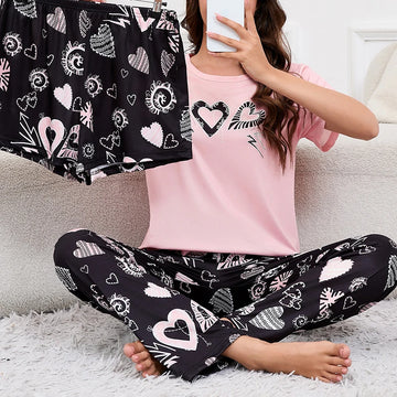 Women's 3 Piece Pajama Set Sleepwear Loungewear Pj Sets Autumn Heart-Shaped Print Tee Top & Shorts and Pants Home Clothes Pyjama