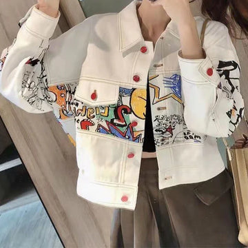 Denim jacket women's autumn and winter new style graffiti work jacket fashion temperament loose Korean college style short coat.