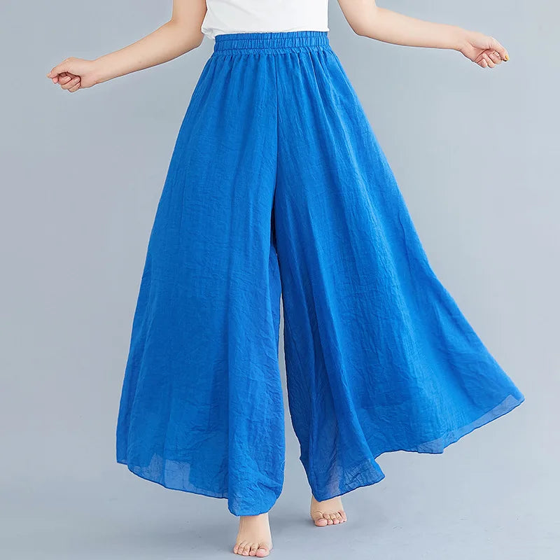 Johnature Ankle-length Pant Casual Loose Elastic Waist Multiple Color Wide Leg Pants 2024 New Clothes National Style Women Pants