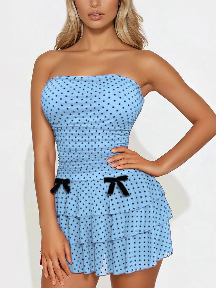 Women New Dresses Summer Streetwear Fashion Dot Print Casual Slim Dress Sexy Lady Strapless Bow Backless Knitted Dress Clothing