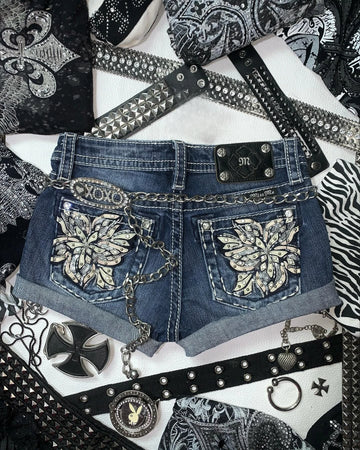 Goth Retro Flower Rhinestone Pattern Y2k Shorts Women High Waist Hip Elastic Jeans Shorts Sexy Girl Harajuku Street Biker Shorts