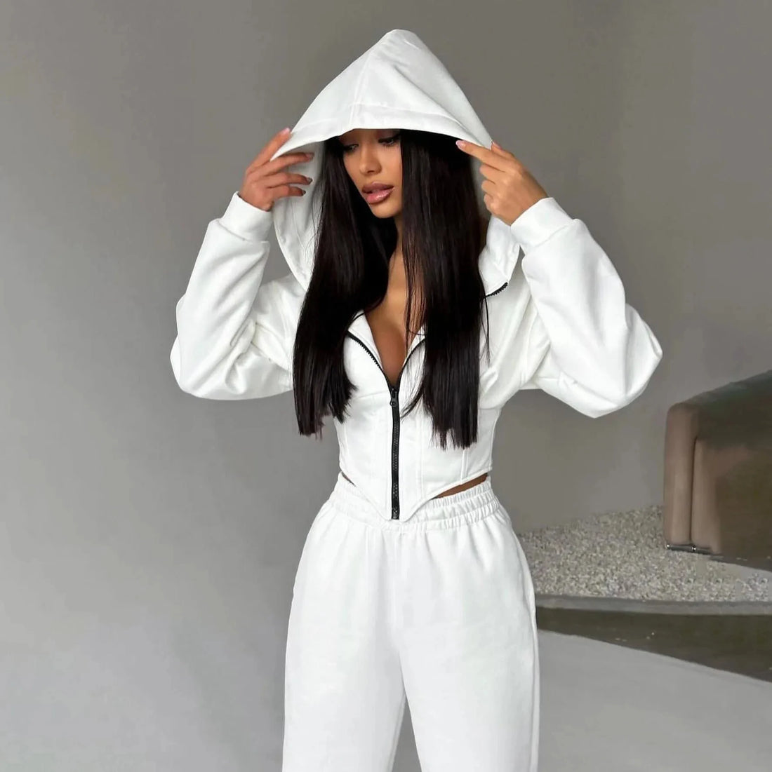 2024 Women's Jacket Fashion Sports Hoodie with Open Collar Zipper Solid Color Fishbone Sexy Slimming Hoodie