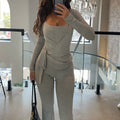 Women y2k Yoga 2 Piece Outfits Casual Solid Color Tie up Hem Wrap Long Sleeves Tops and Elastic Flare Pants Set Streetwear - OneLoveCanada