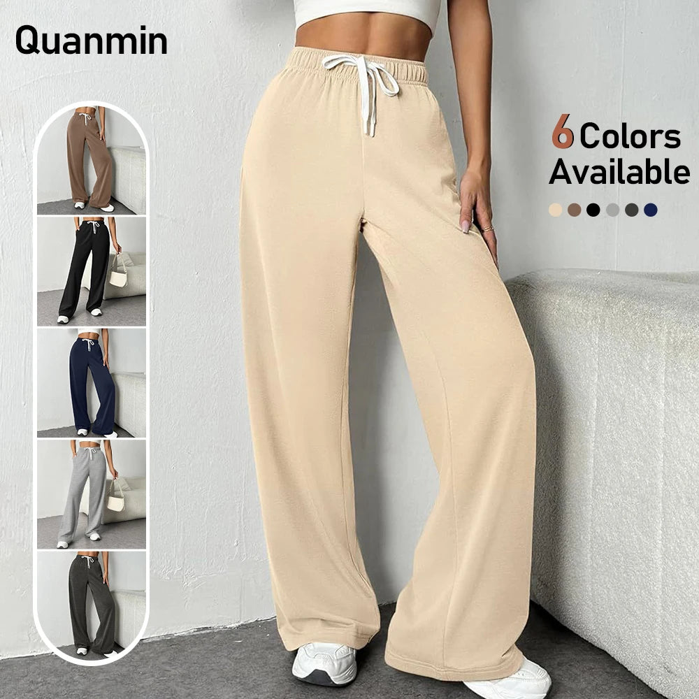 Women'S Wide-Leg Sports Pants High-Waisted Loose Casual Drawstring Fitness Pants With Pockets