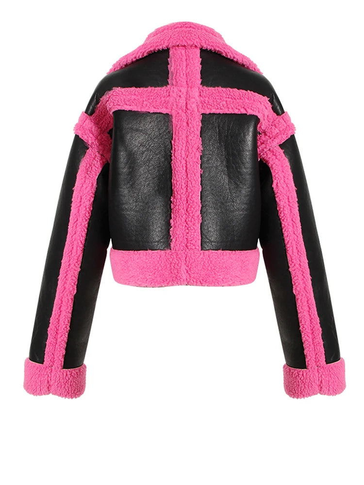 [EAM] Loose Fit Rose Red Thick Warm Lambswool Jacket New Lapel Long Sleeve Women Coat Fashion Tide Spring Autumn 2025 1DH0227