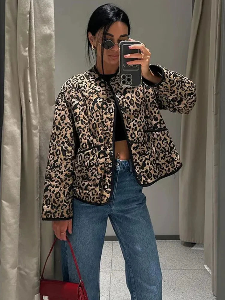 ZBZA Women's Leopard Animal Print Jacket Coat V-neck Long-sleeved Single-breasted Pockets Loose Overcoat Winter Female Chic Coat