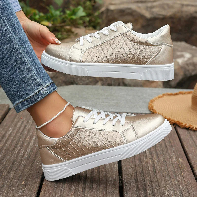 Plus Size 42 Women Gold Sliver Sneakers Spring Autumn New Women Fashion Lace-up Soft PU Leather Board Shoes Ladies Casual Shoes