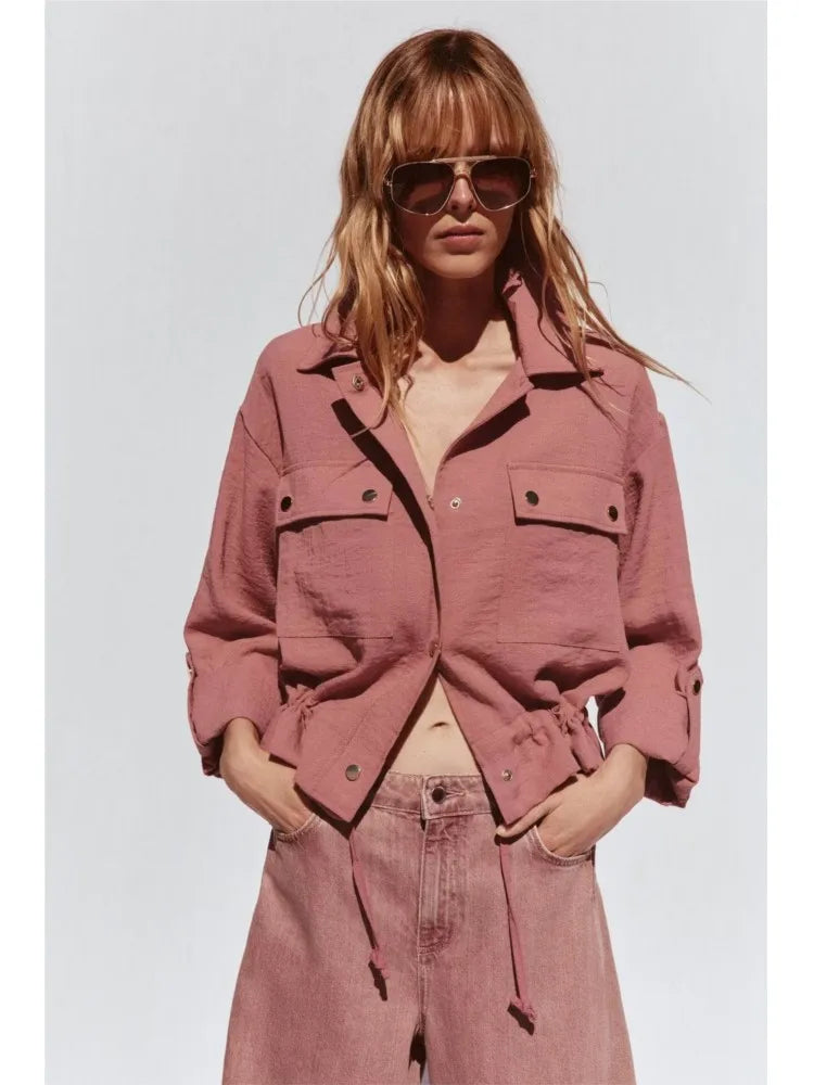 TRAF Women Cropped Jacket Casual Adjustable Long Sleeves with Tabs Women's Jacket Button Lady Coats Casual Female Jackets