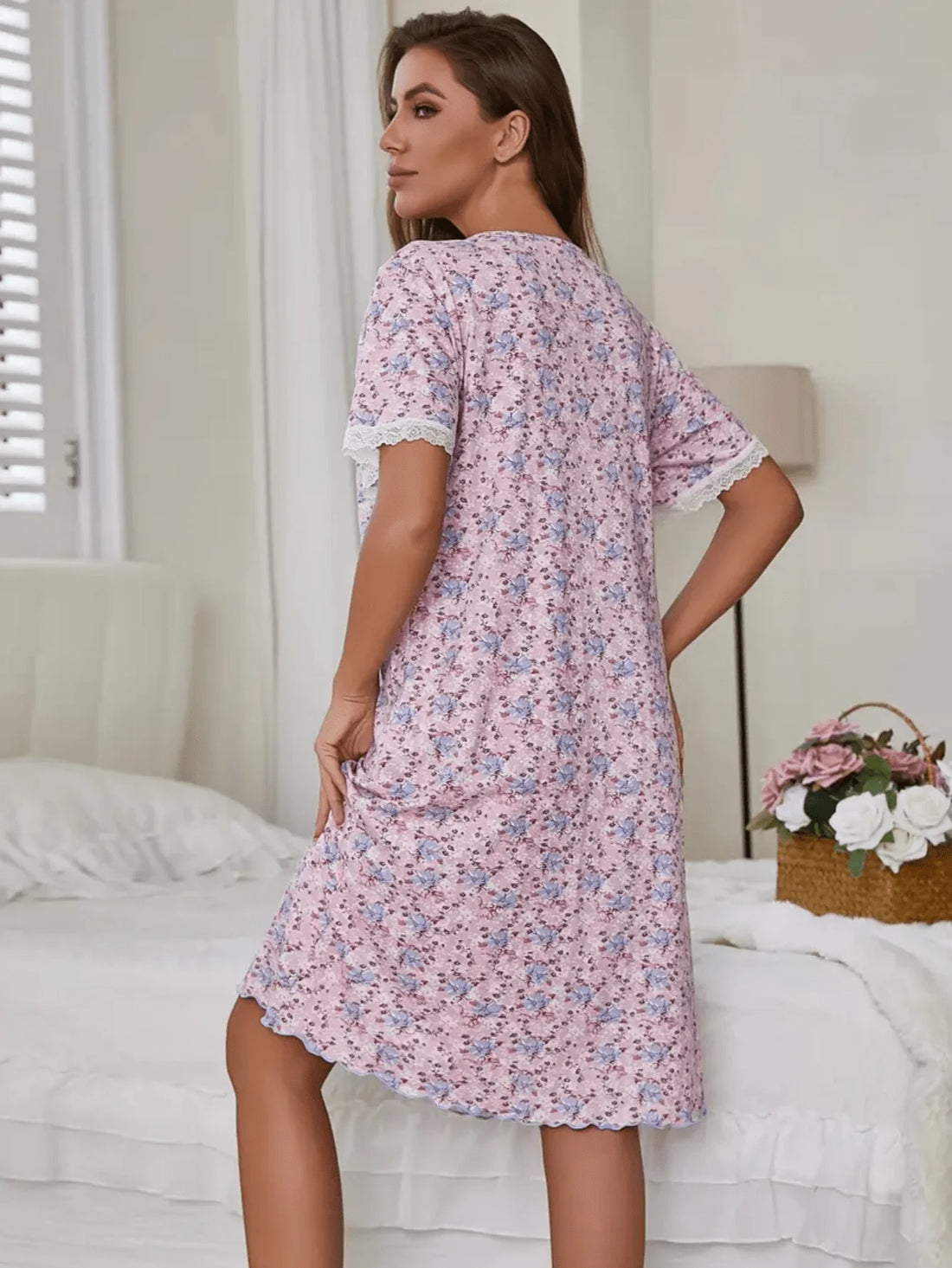 Romantic Sleepwear - Women's Elegant French Pink Floral Sleepwear - Short-sleeved Sleepwear with Romantic Lace Trim and Ruffled