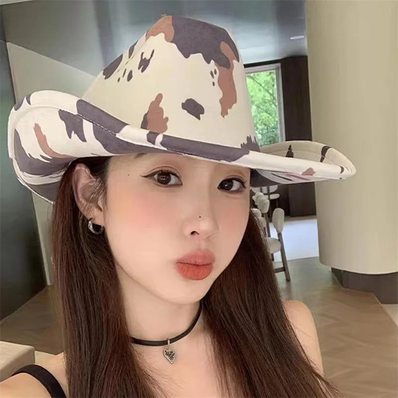 Combhasaki Women's Y2K Vintage Cowgirl Hat Aesthetic Cow Pattern Soft Wide Brim Hat Western Hat for Club Party