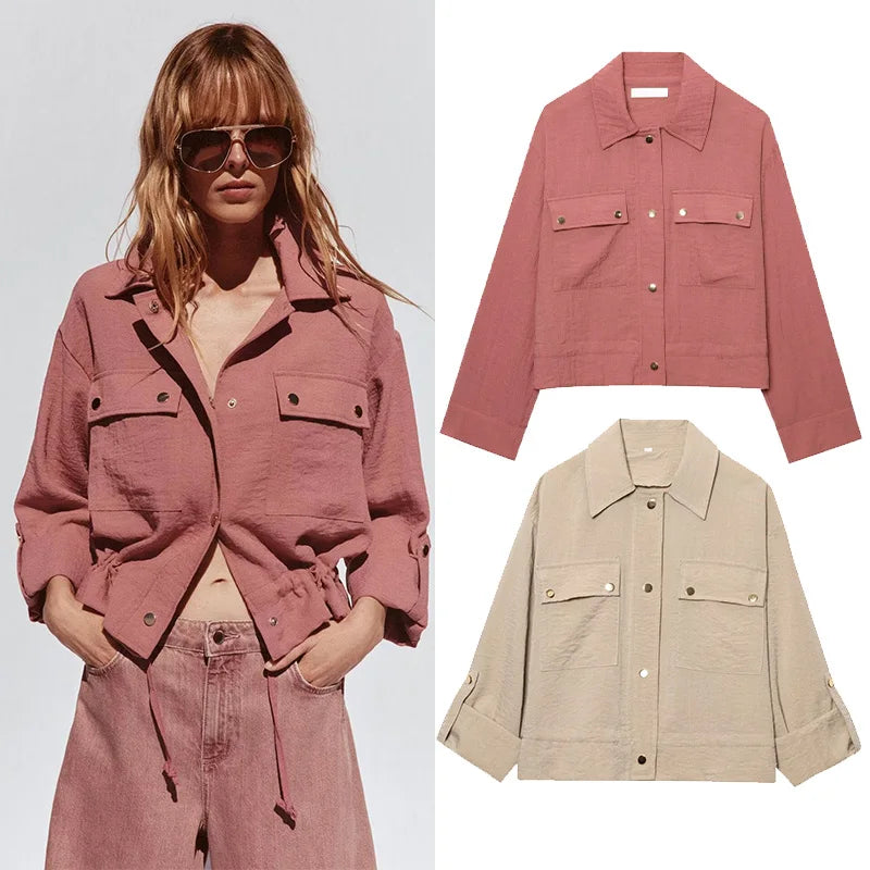 TRAF Women Cropped Jacket Casual Adjustable Long Sleeves with Tabs Women's Jacket Button Lady Coats Casual Female Jackets