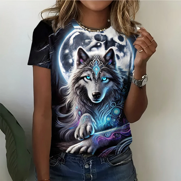 New Wolf Pattern Women's 3D Printed T-shirt Round Neck T-shirt Hip Hop Street Harajuku Plus Street Black Short Sleeve