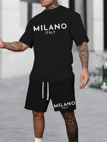 Summer 2025 new men's suit 3D printed two-piece casual round-neck T-shirt polyester men's wear