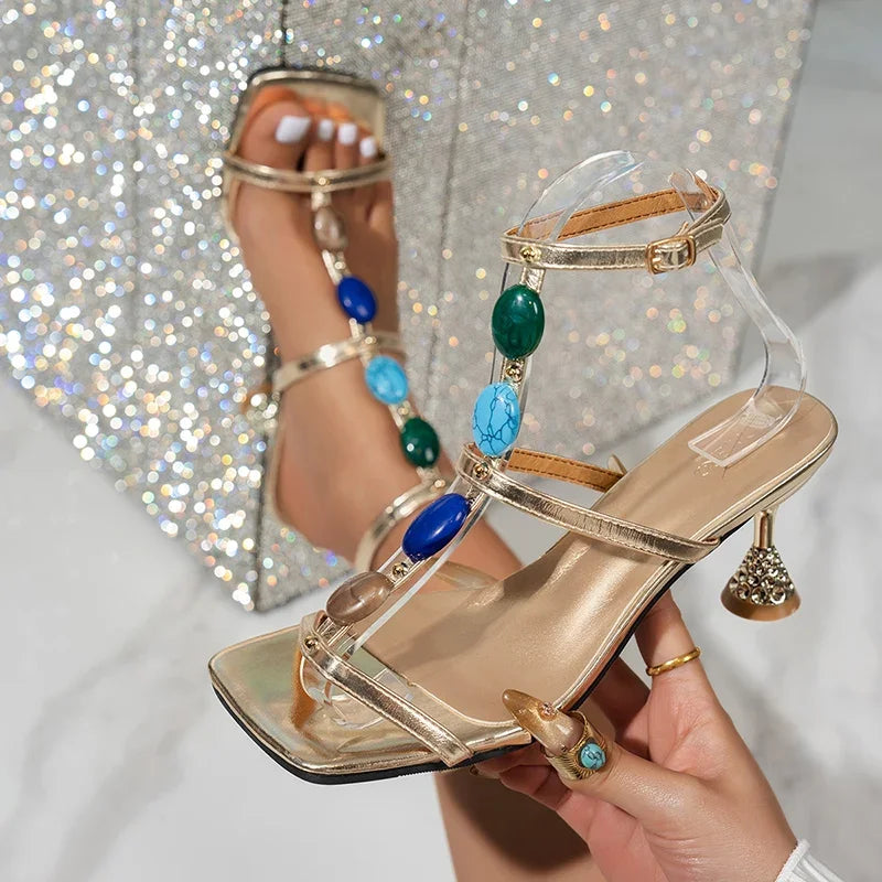 Crystal High Heels Color Gem Sandals Women Sexy Gold Straps Gladiator Shoes Woman Summer Square Toe Party Dress Pumps Plus Size