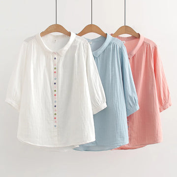 Oversize Women Shirts Japan Style Three Quarter Sleeve Solid Cotton Yarn Shirts for Women Summer Large Size Tops