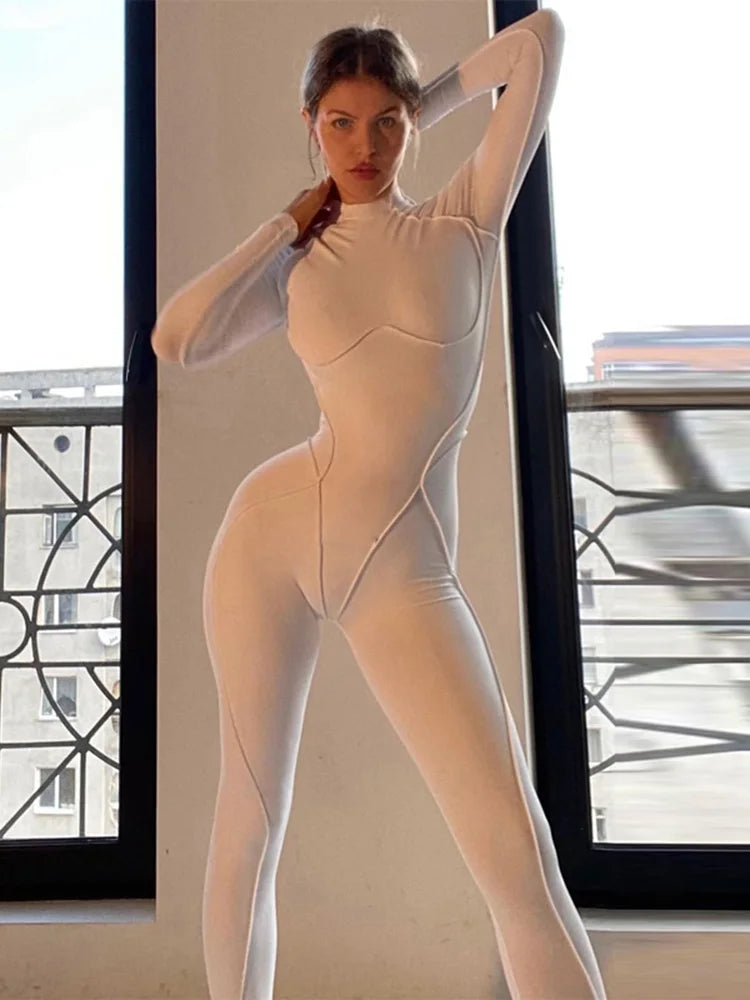 Dulzura Patchwork Women Long Sleeve Hollow Out Jumpsuit Skinny Sexy Streetwear Club Rompers Casual 2021 Autumn Winter Outfit