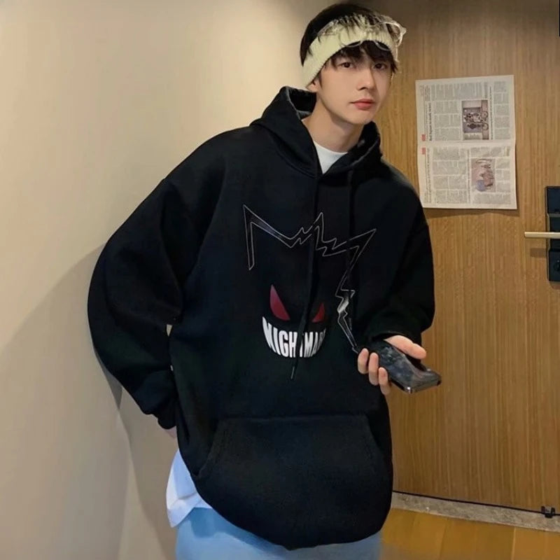 【 M-8XL Hoodie 】 Men Oversized Pullover Hoodie Fashionable Loose Japanese Anime Pok É Mon Baby Genghis Ghost Print Couple Outfit