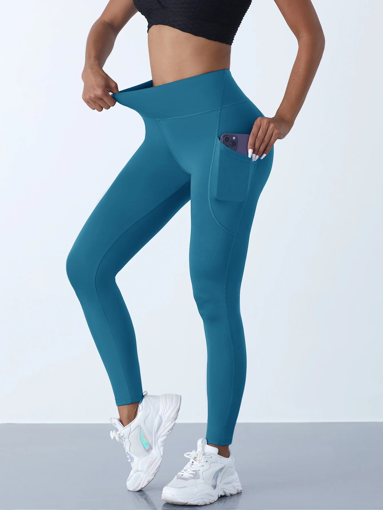 New High Waist Women's Leggings Stretch Yoga Pants Tights With Pockets Push Up Fitness Running Sportswear Solid Color Pants - OneLoveCanada