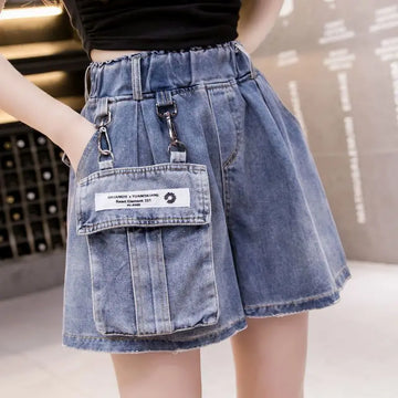 2024 New Elastic High Waist Women Summer Fashion Casual Solid Color Detachable Pockets Ruched Wide Leg Safari Style Denim Shorts