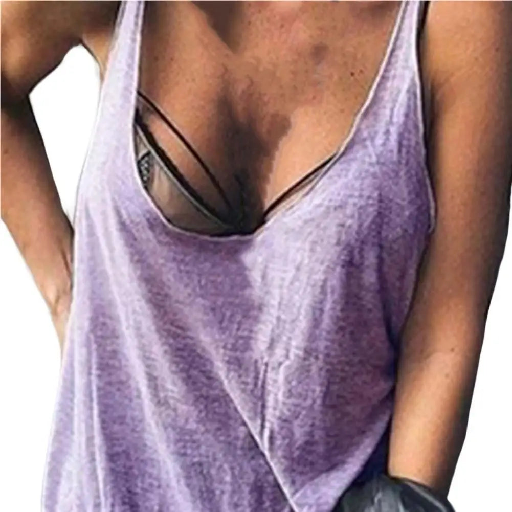 Lady Casual Solid Color Loose Tees U-neck Sleeveless Thin Women Vest Low Collar Stretchy Lady Summer Simple T-shirt Streetwear - OneLoveCanada