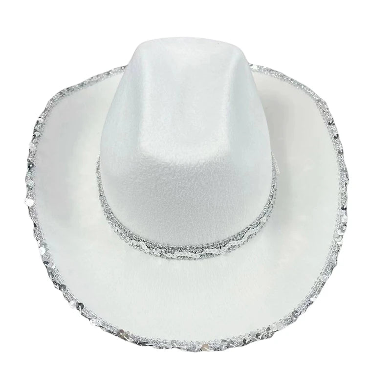 Women Vintage Western Black Cowboy Hats Shiny Sequined Wide Brim Thick Cap for Club Party Outdoor Camping Riding Sun Protection