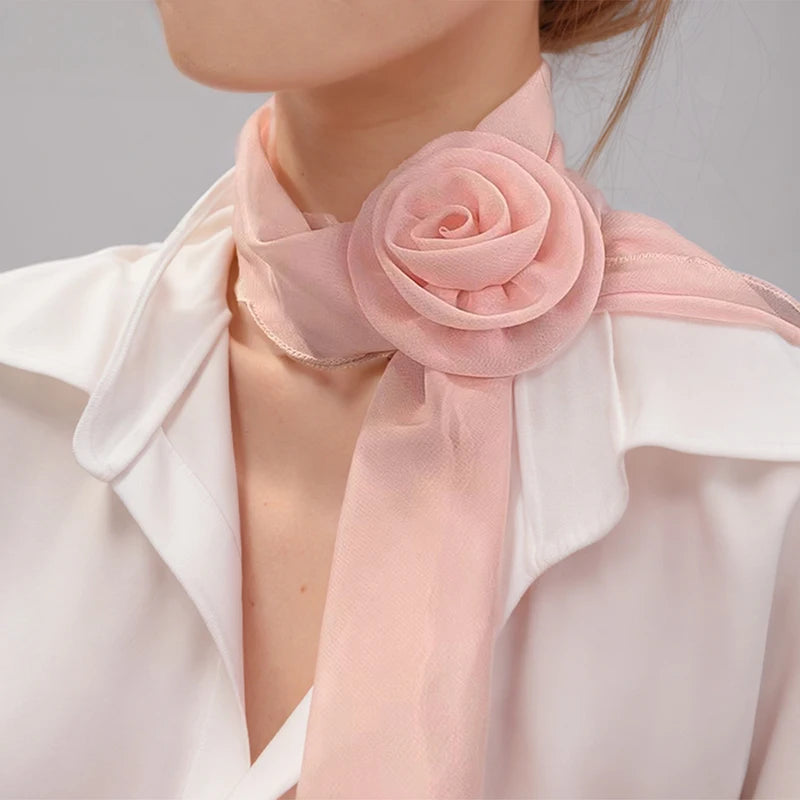 Luxury Long Chiffon Scarf Female Print Rose Thin Narrow Scarf Floral Satin Hair Band Bag Ribbon Scarfs Women Small Neckerchief