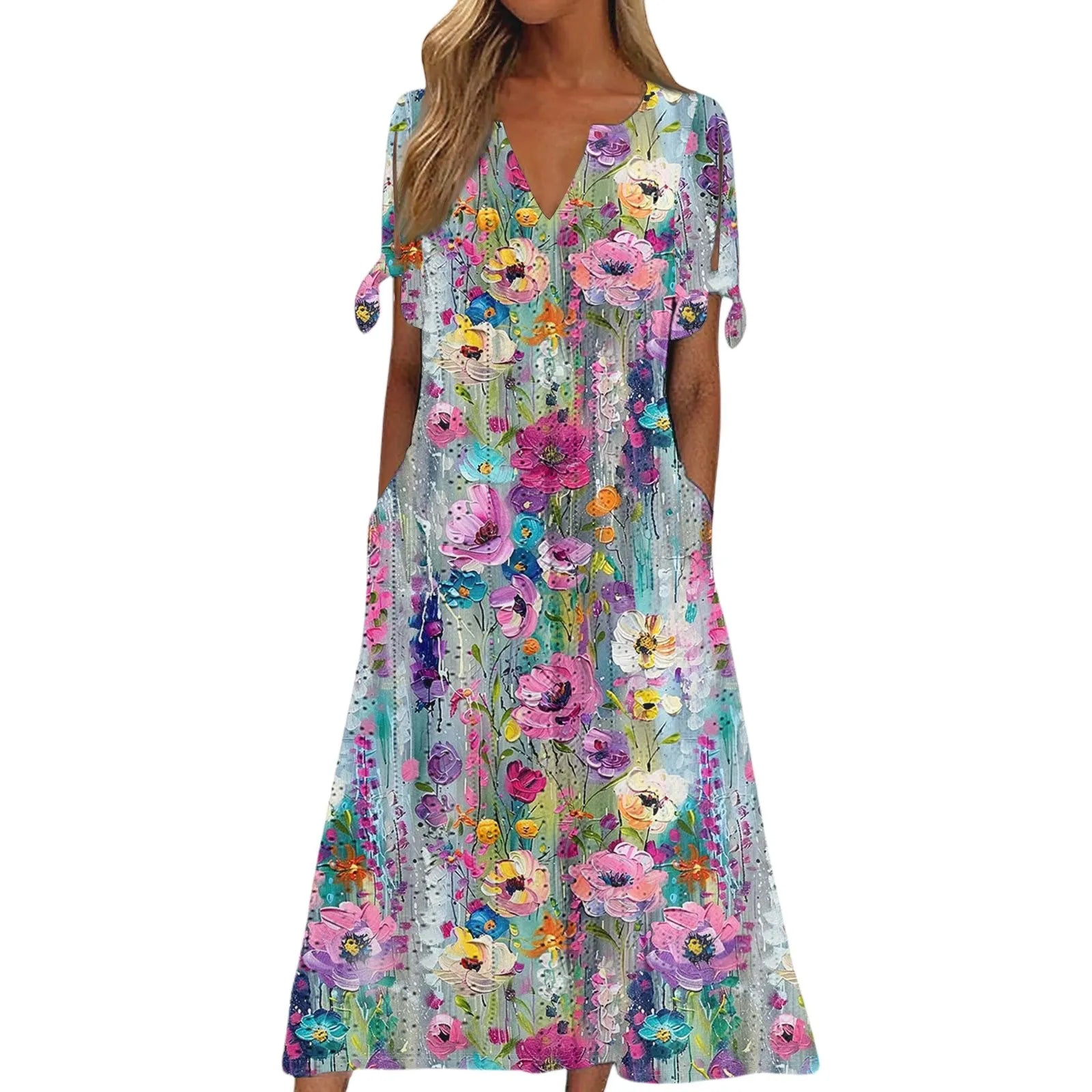 Ladies Casual Fashion Temperament Elegant Waist Patchwork Floral Print Long Dress Women Dresses 2025 Trend Womens Summer Dresses