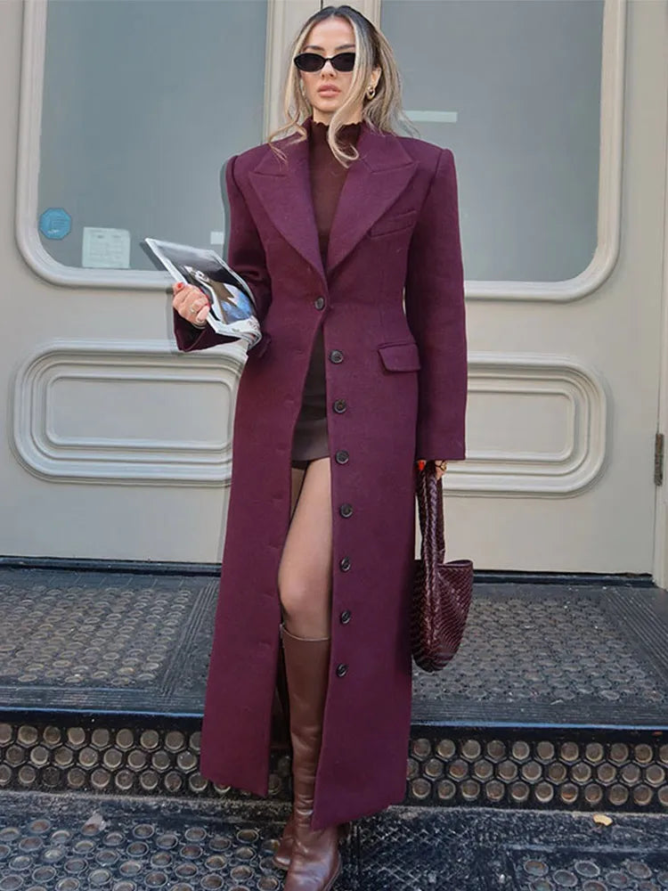 Urban Solid Women Coat Long Turn-down Collar Single Breasted Shoulder Pads Slim Female Coats 2025 Spring Fashion Lady Jacket