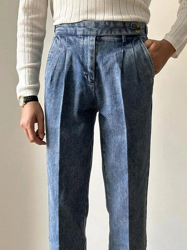 Naples Jean Trousers For Men 2024 Fall Trendy Solid Color Washed Denim Pants Mens Stylish Slim Fit Draped Design Straight Jeans