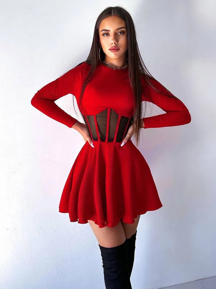 A-Line Solid Dresses For Women Fashion Sexy Streetwear Long Sleeves Mesh Patchwork O-Neck Mini Vestidos Robes Female Slim Fit