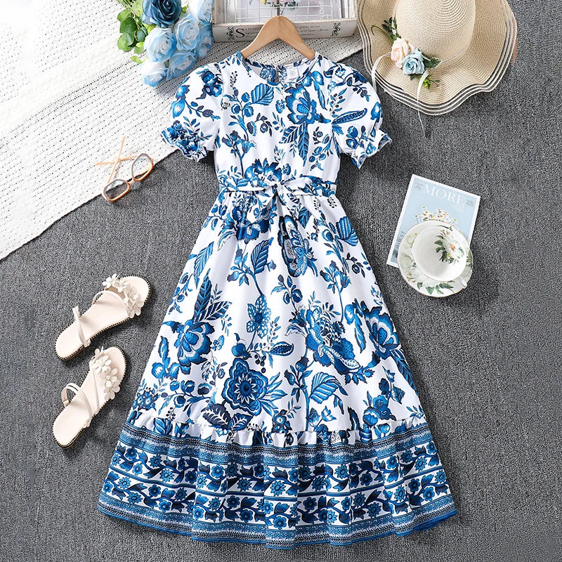 Kids Dress For Girls Blue Flower Long Dress And Detachable Belt Elegant Style Stylish Summer Vacation Daily Children Clothes