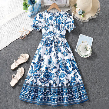 Kids Dress For Girls Blue Flower Long Dress And Detachable Belt Elegant Style Stylish Summer Vacation Daily Children Clothes